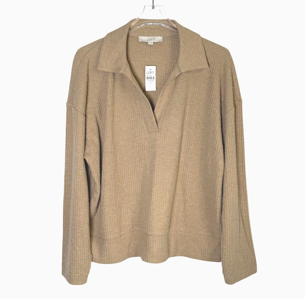 LOFT Womens XL Waffle Knit Polo Top Tan Camel Long‎ Sleeve V-Neck Pullover NEW